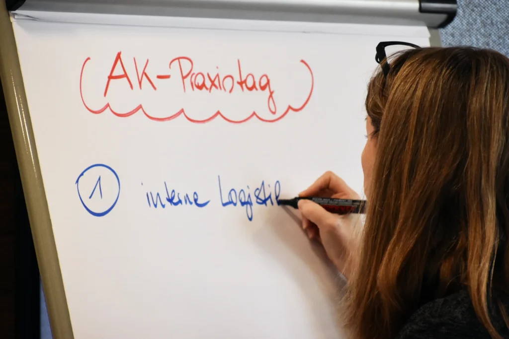 Trainerin Christa Gross schreibt etwas auf Flipchart bei gemba.akademie